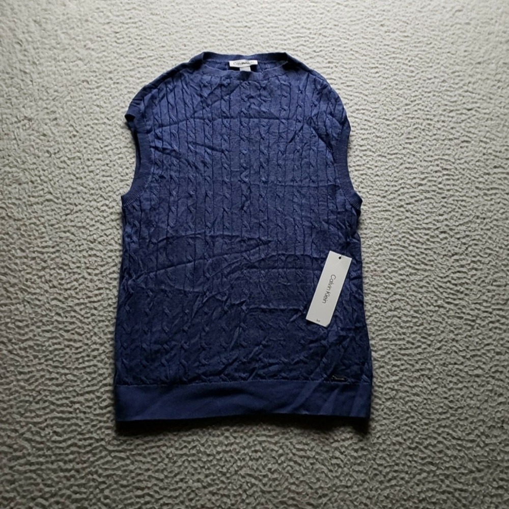 Calvin Klein Sweater Vest Mens Medium Blue Cable Knit Crewneck Acrylic Logo